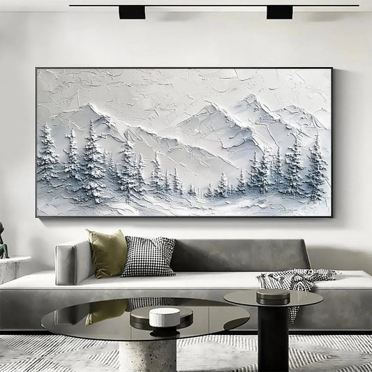 Winter's Embrace hand-painted white, soft grey and slate blue textured mountain landscape painting shown as stretched canvas