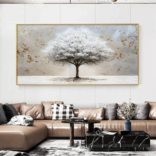Winter's Grace hand-painted white, beige and gold textured tree painting shown as stretched canvas