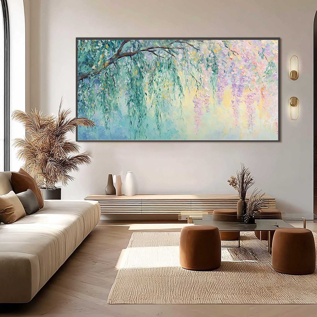 Wisteria Whisper hand-painted blush pink, ivory and soft grey textured blossom tree painting shown with white frame