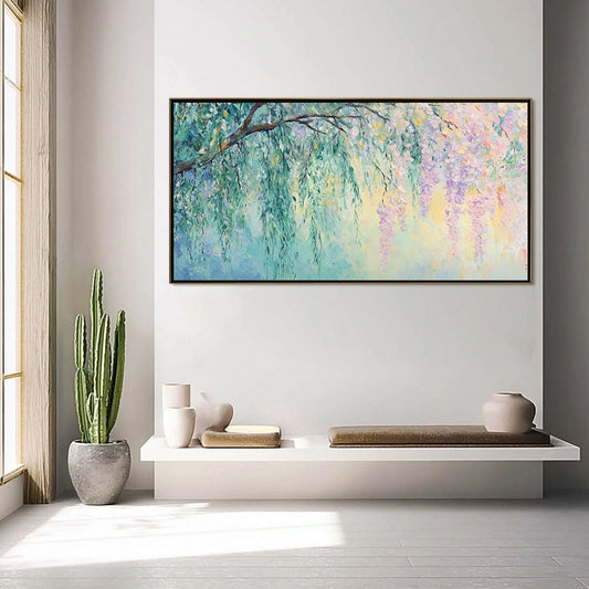 Wisteria Whisper hand-painted blush pink, ivory and soft grey textured blossom tree painting shown as stretched canvas