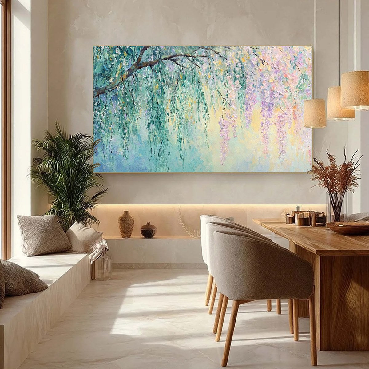 Wisteria Whisper hand-painted blush pink, ivory and soft grey textured blossom tree painting shown with silver frame