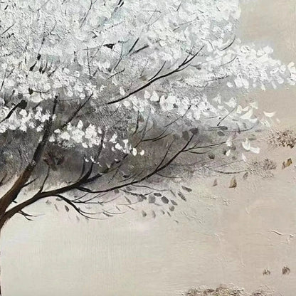 Winter's Grace hand-painted white, beige and gold textured tree painting shown with black frame