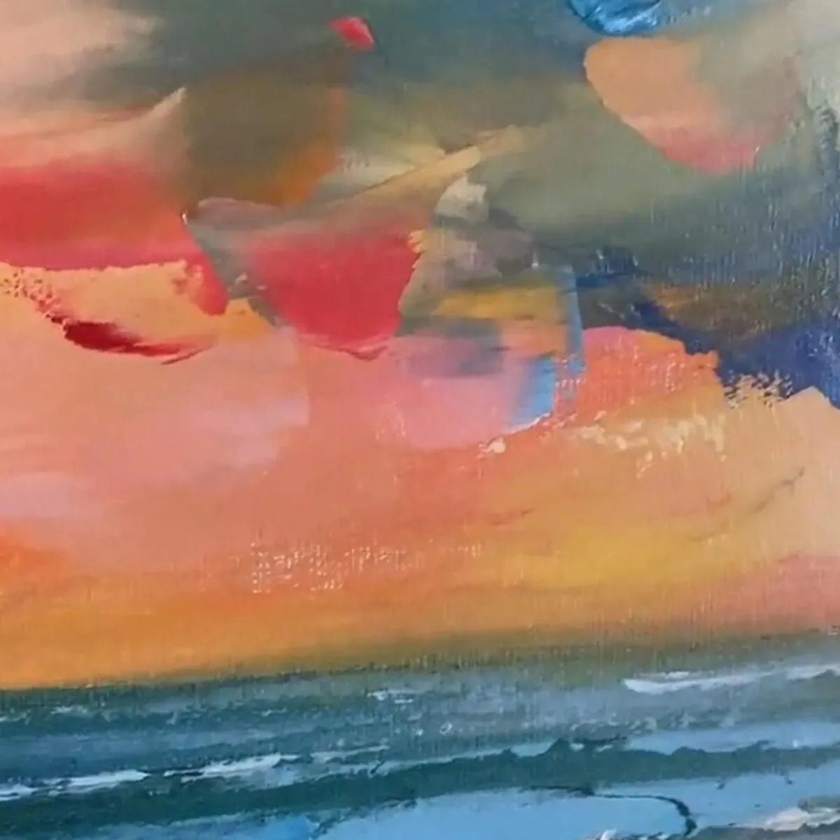 Seaside Sunset Serenade hand-painted ocean blue, ivory and soft neutral tones textured sunset seascape painting shown as stretched canvas