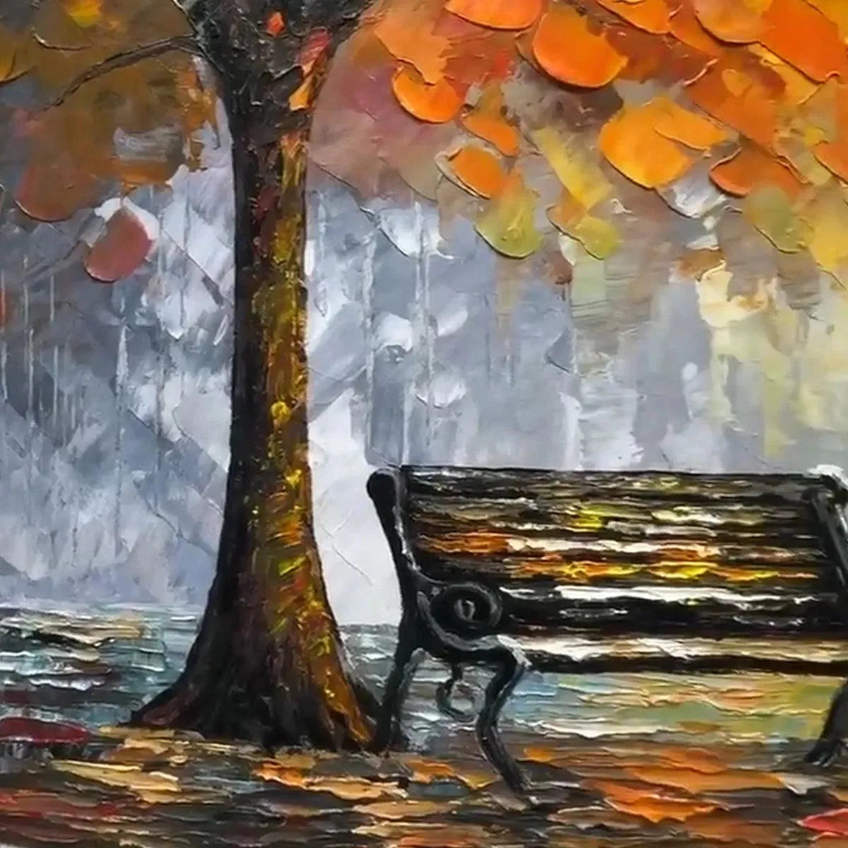 Autumn Park Bench hand-painted soft grey, gold and orange textured park landscape painting shown with black frame