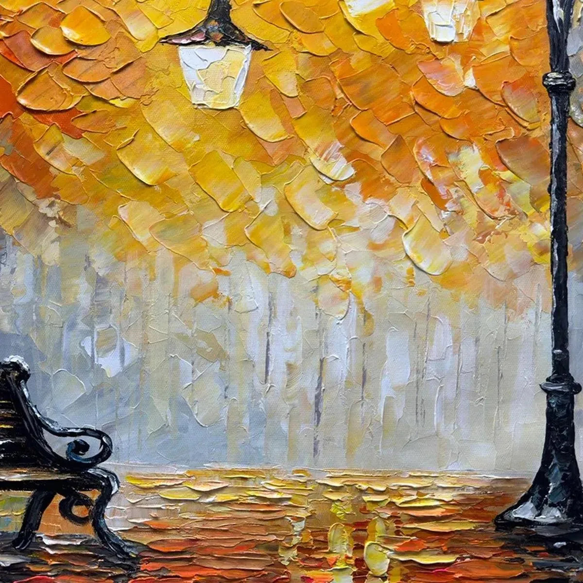 Autumn Park Bench hand-painted soft grey, gold and orange textured park landscape painting shown with gold frame