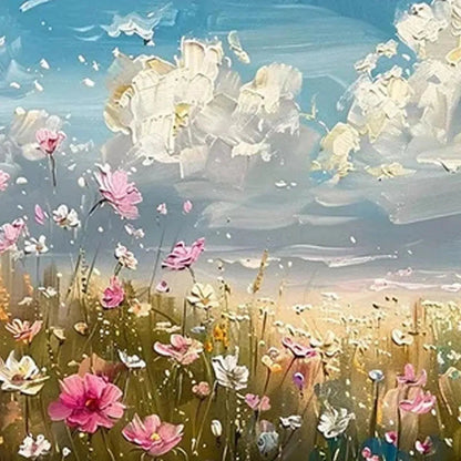 Green Wildflower Impasto Painting – Cosmos Field