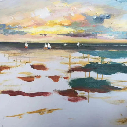 Sunset Sail hand-painted ocean blue, ivory and soft neutral tones textured sailboat seascape painting shown with silver frame