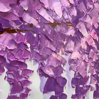 Purple Wisteria hand-painted violet and ivory textured blossom tree painting shown with gold frame