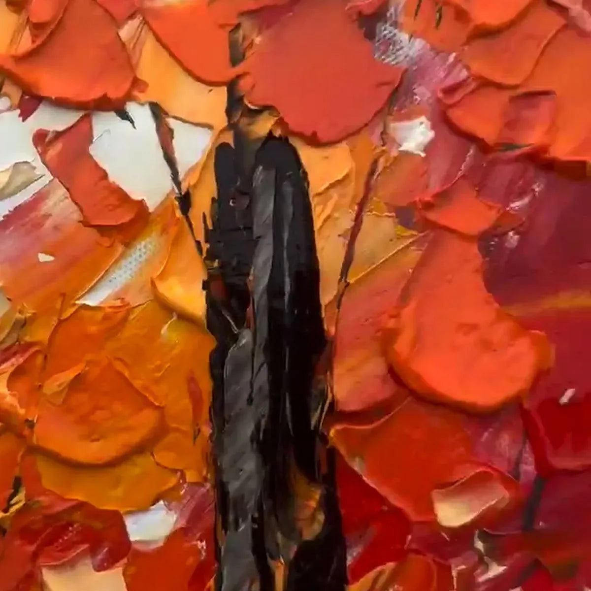 Autumn Path hand-painted ocean blue, orange and red textured forest path painting shown as stretched canvas
