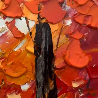 Autumn Path hand-painted ocean blue, orange and red textured forest path painting shown as stretched canvas
