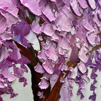 Purple Wisteria hand-painted violet and ivory textured blossom tree painting shown as stretched canvas