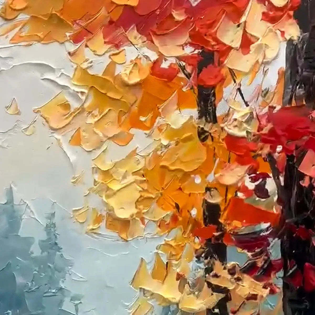 Autumn Path hand-painted ocean blue, orange and red textured forest path painting shown with silver frame