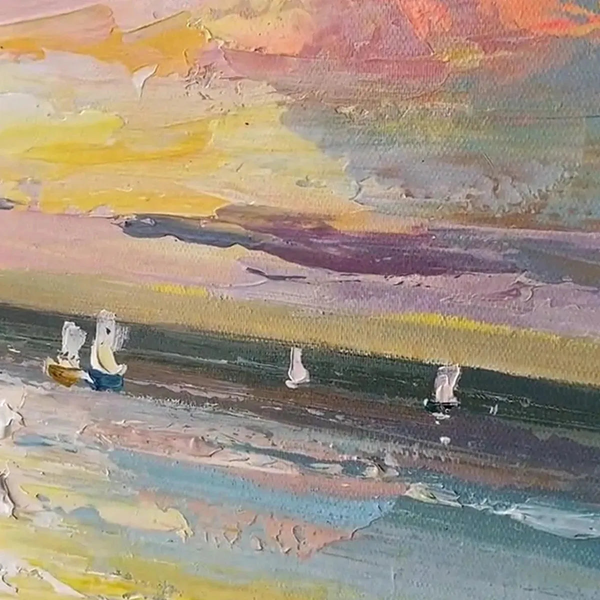 Sailboats At Sunset hand-painted ocean blue, ivory and soft neutral tones textured sailboat seascape painting rolled canvas option