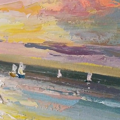 Sailboats At Sunset hand-painted ocean blue, ivory and soft neutral tones textured sailboat seascape painting rolled canvas option