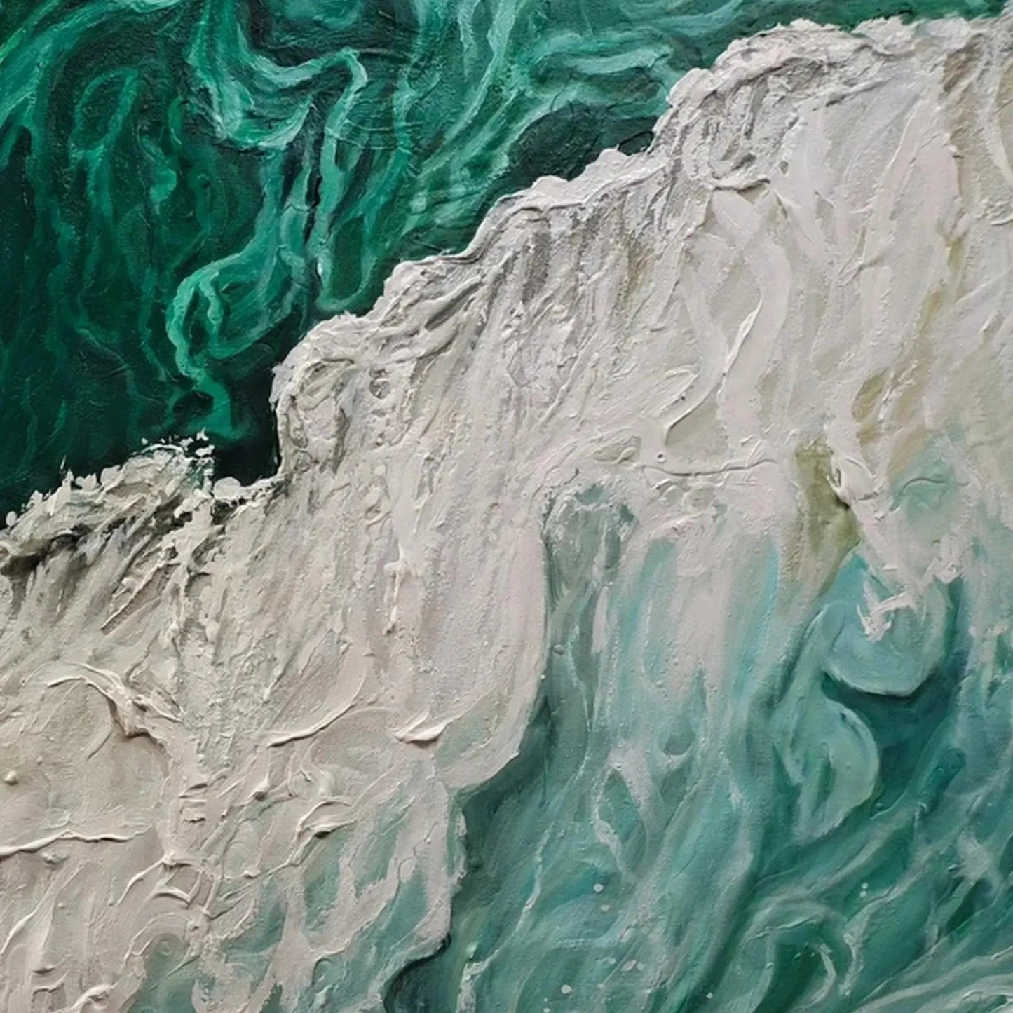 Emerald Flow hand-painted white and emerald green textured coastal abstract painting shown with silver frame
