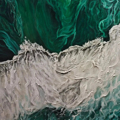 Emerald Flow hand-painted white and emerald green textured coastal abstract painting shown with black frame