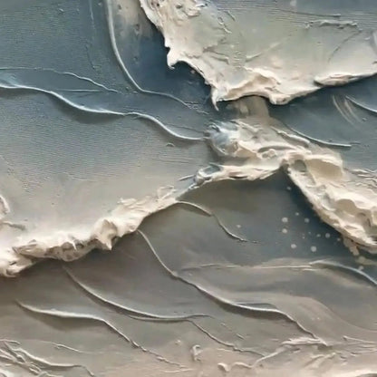 Ocean's Embrace hand-painted ocean blue, ivory and soft neutral tones textured seascape painting shown with wood frame