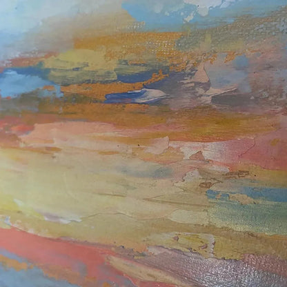 Golden Hour Seascape hand-painted gold, orange and pink textured sunset seascape painting shown with silver frame