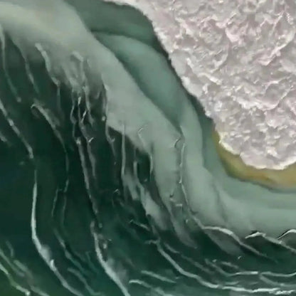 Emerald Depths hand-painted white and emerald green textured ocean wave painting shown with black frame