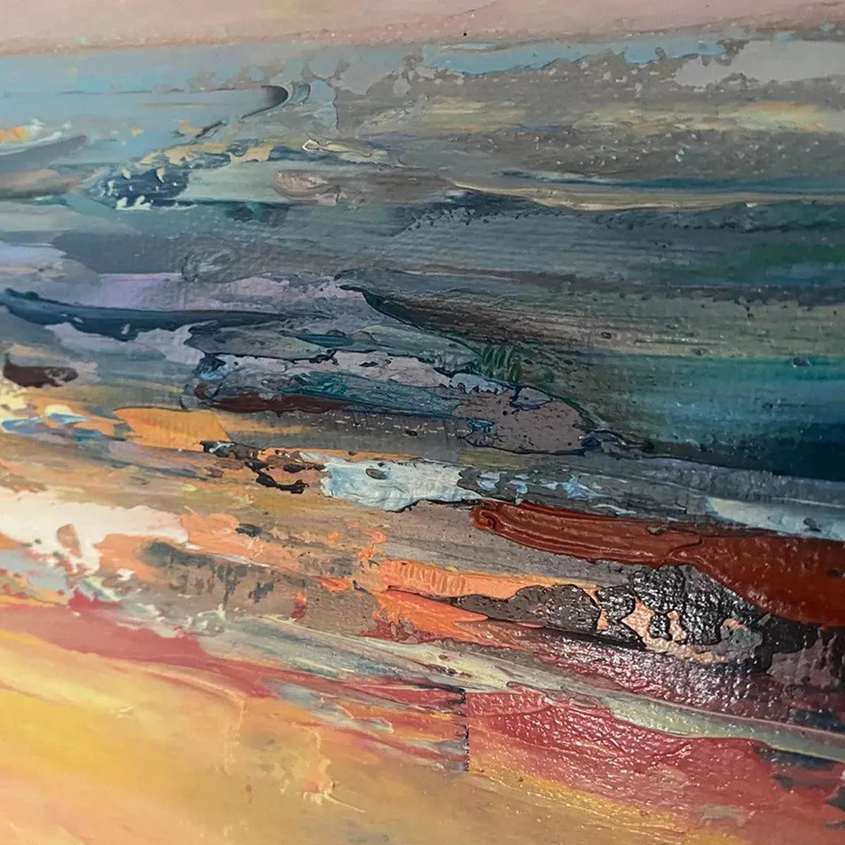 Golden Hour Seascape hand-painted gold, orange and pink textured sunset seascape painting shown as stretched canvas