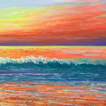 Tropical Sunset Beach hand-painted ocean blue, ivory and soft neutral tones textured sunset seascape painting shown with gold frame