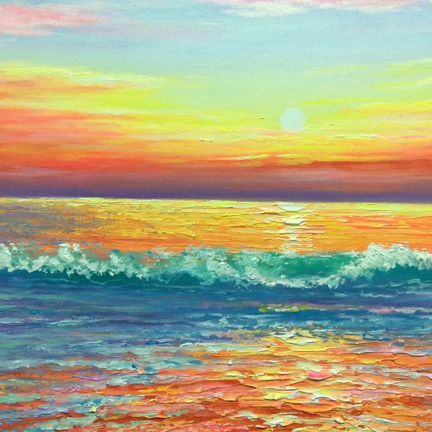 Tropical Sunset Beach hand-painted ocean blue, ivory and soft neutral tones textured sunset seascape painting shown with black frame