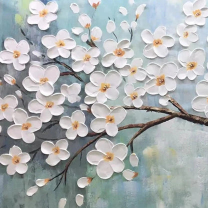 Blue and White Floral Textured Painting – White Blossoms