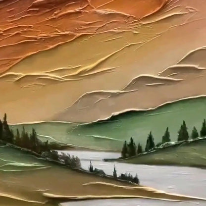 Golden Valley hand-painted green, gold and orange textured mountain valley painting shown with silver frame