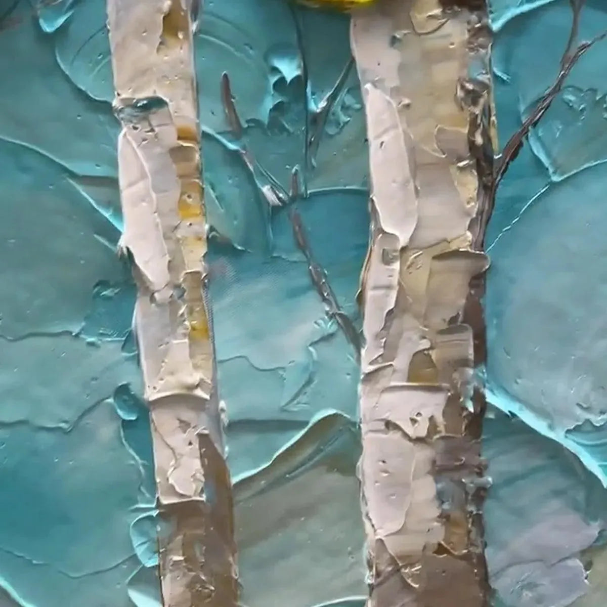 Golden Aspen Grove hand-painted gold and ivory textured forest landscape painting shown with wood frame
