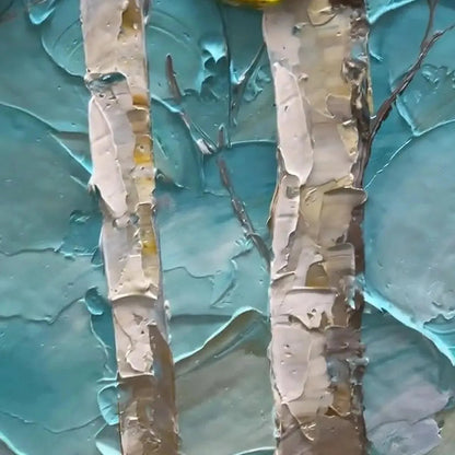 Golden Aspen Grove hand-painted gold and ivory textured forest landscape painting shown with wood frame