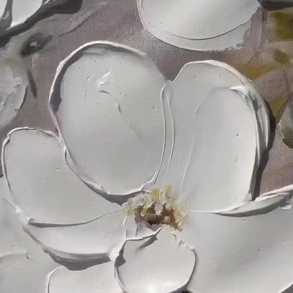 Grey and White Impressionist Floral Textured Painting – White Blossoms