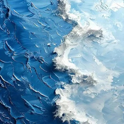Oceanic Whispers hand-painted ocean blue and ivory textured coastal abstract painting shown with white frame
