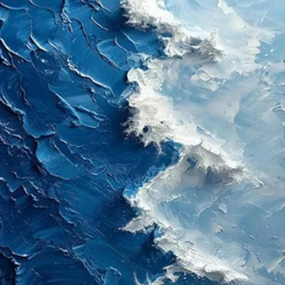 Oceanic Whispers hand-painted ocean blue and ivory textured coastal abstract painting shown as stretched canvas