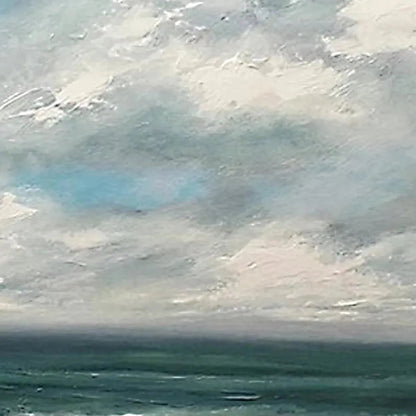 Cloudy Coastal Scene hand-painted ocean blue, ivory and soft neutral tones textured coastal landscape painting rolled canvas option