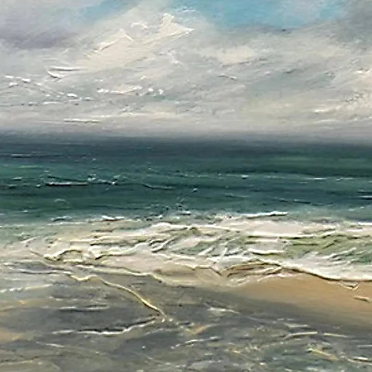 Cloudy Coastal Scene hand-painted ocean blue, ivory and soft neutral tones textured coastal landscape painting shown with gold frame