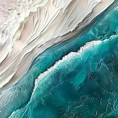 Azure Dream hand-painted white, teal and azure blue textured coastal landscape painting shown with black frame