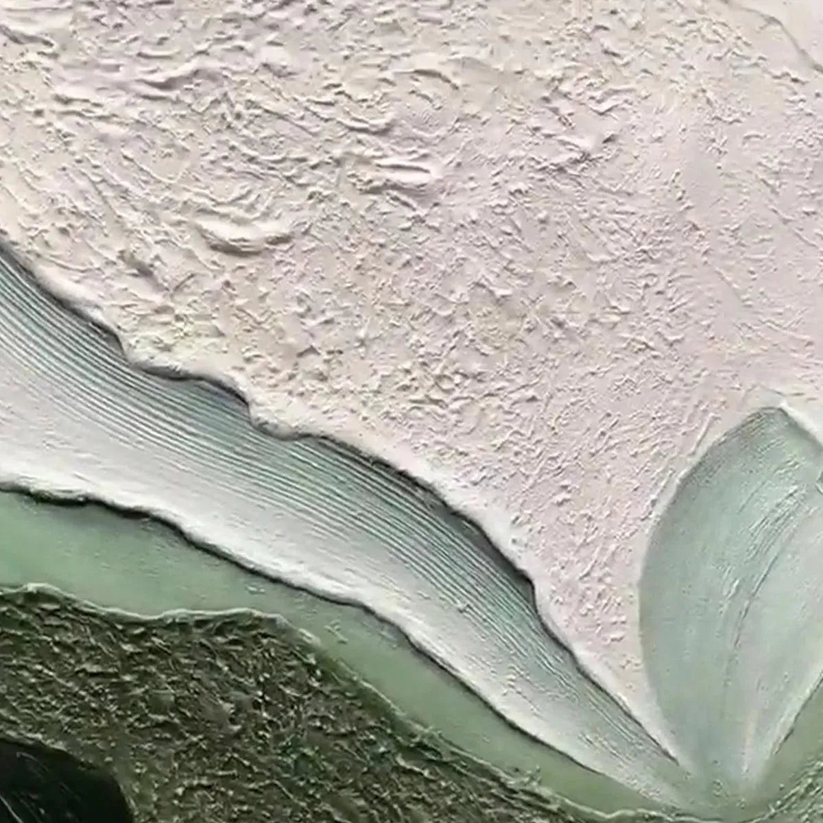 Emerald Flow hand-painted white and emerald green textured coastal landscape painting shown with silver frame