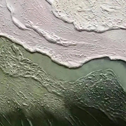 Emerald Flow hand-painted white and emerald green textured coastal landscape painting shown with wood frame