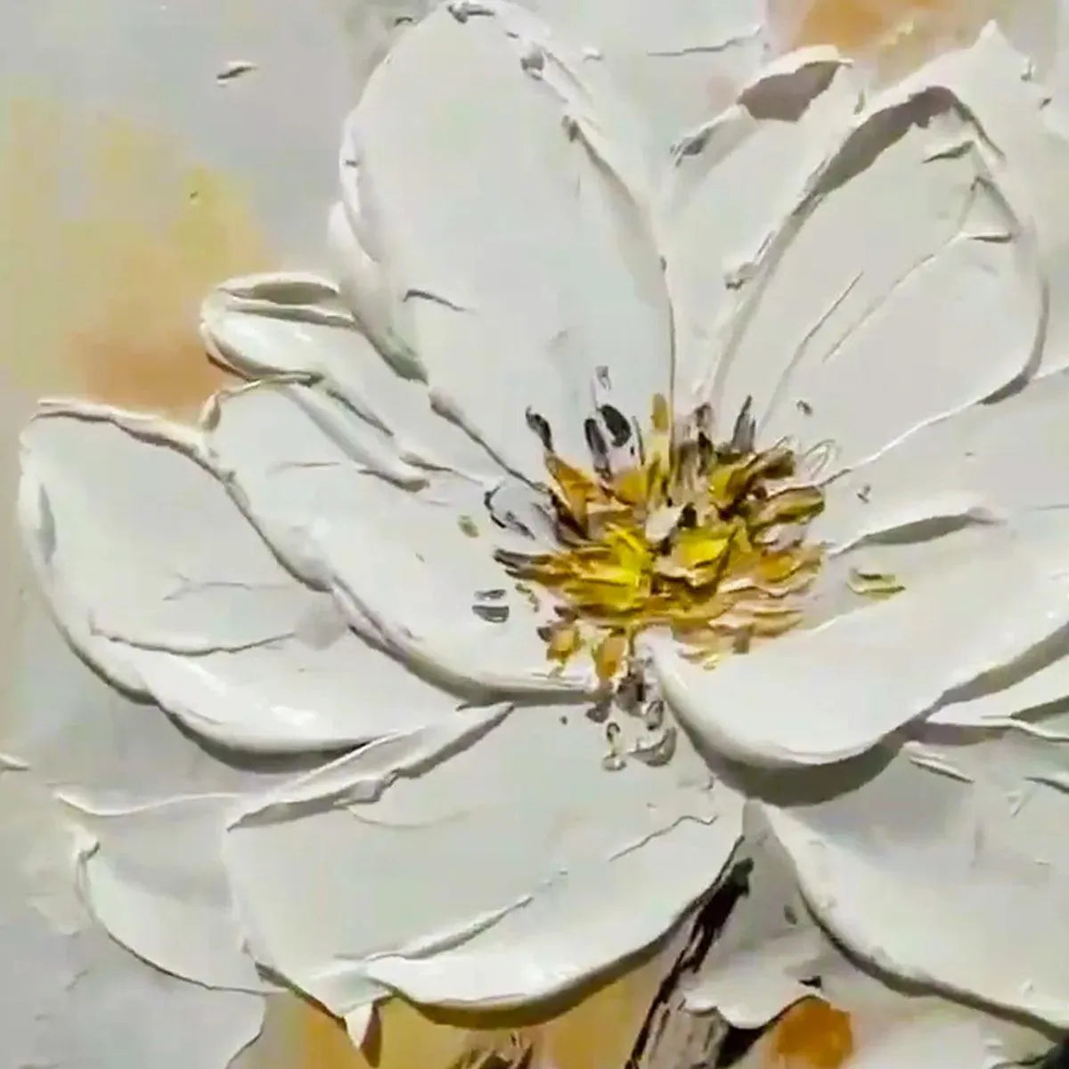 Gold and White Floral Impasto Painting – White Blossom