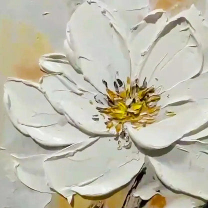 Gold and White Floral Impasto Painting – White Blossom
