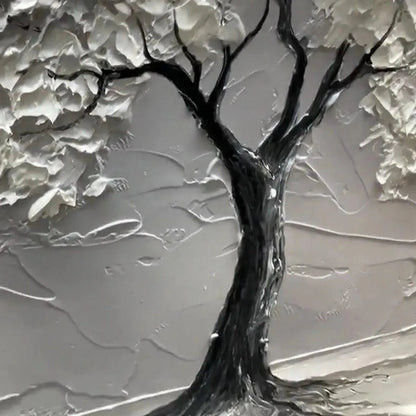 Serene Tree hand-painted white and soft beige textured tree painting shown with gold frame