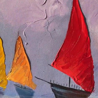 Regatta hand-painted ocean blue, ivory and soft neutral tones textured sailboat seascape painting shown with wood frame