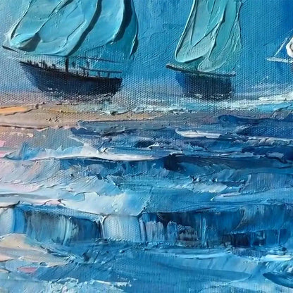 Regatta hand-painted ocean blue, ivory and soft neutral tones textured sailboat seascape painting shown with silver frame