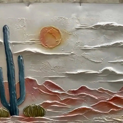 Desert Sunrise hand-painted terracotta, warm ochre and sand textured desert mountain landscape painting shown with gold frame