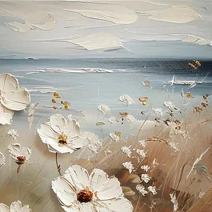 White Coastal Floral Impasto Painting – Seaside Blossoms