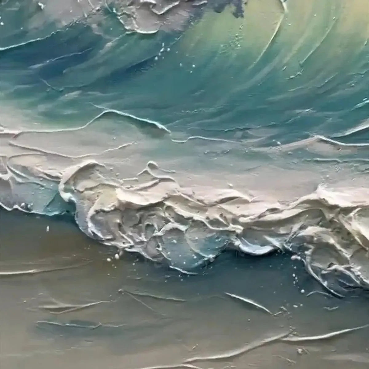 Ocean's Embrace hand-painted ocean blue, ivory and soft neutral tones textured ocean wave painting shown with white frame