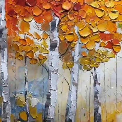 Autumn Aspen hand-painted white and gold textured forest landscape painting shown with silver frame
