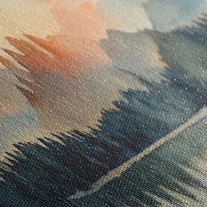 Sunset Serenity hand-painted gold, burnt orange and slate blue textured mountain lake painting shown with wood frame