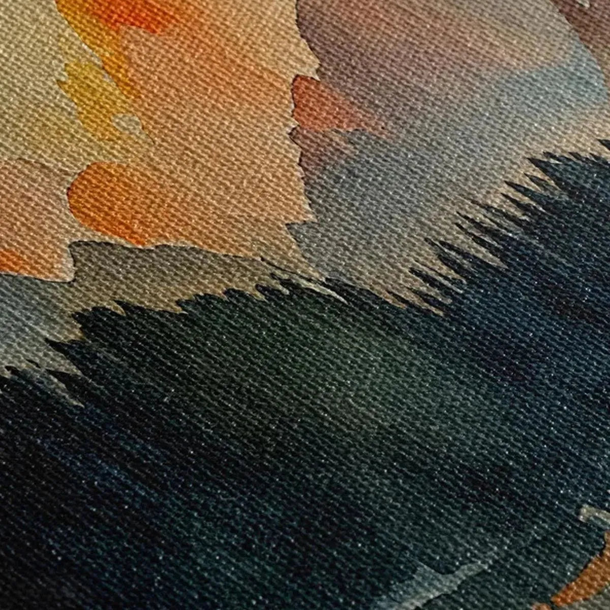 Sunset Serenity hand-painted gold, burnt orange and slate blue textured mountain lake painting shown as stretched canvas