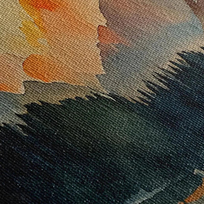 Sunset Serenity hand-painted gold, burnt orange and slate blue textured mountain lake painting shown as stretched canvas